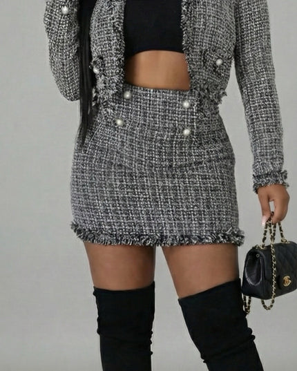 Frayed Blazer Skirt Set